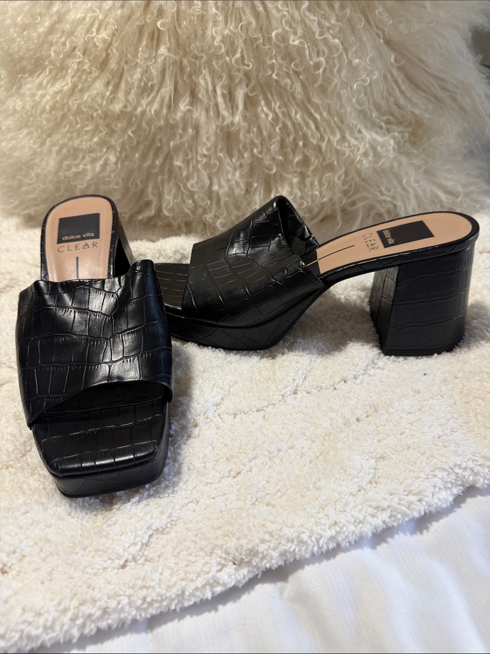 Dolce Vita Black Croc-Embossed Block Heel Mules